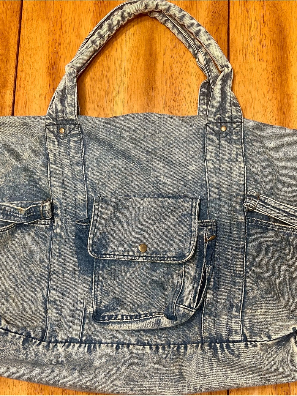 Vintage Acid Washed Blue Denim Tote Bag-Numerous Pockets/Zippers - Picture 2 of 8